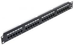 NETLAN EC-URP-24-UD2 - Патч-панель 19", 1U, 24 порта, Кат.5e (Класс D), 100МГц, RJ45/8P8C, 110/KRONE, T568A/B, неэкранированная, черная (EC-URP-24-UD2) купить в Казани 	Неэкранированная патч-панель категории 5е имеет 24 порта RJ45/8P8C и предназначена для монтажа в шк