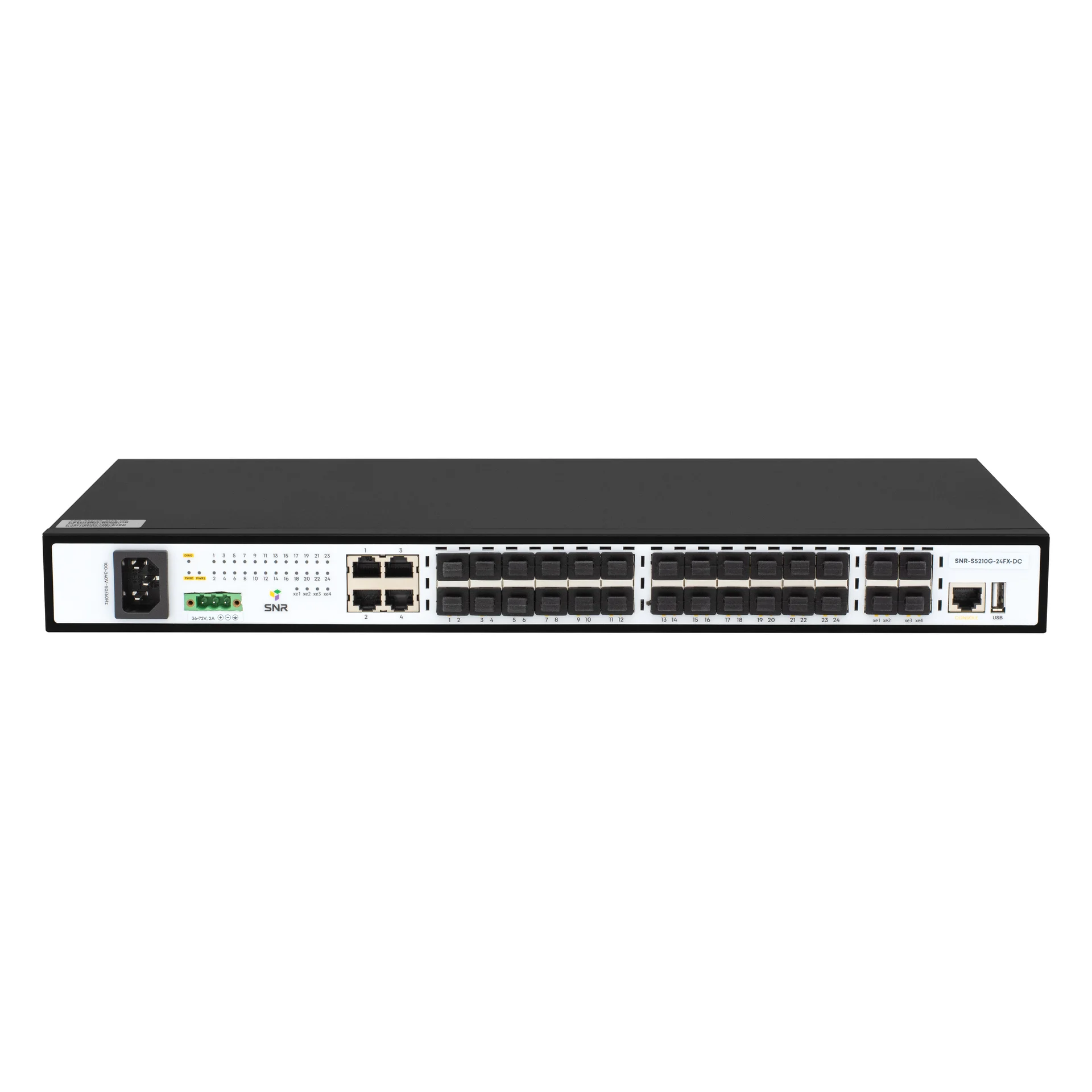 SNR-S5210G-24FX-DC - Управляемый коммутатор уровня 2+, 20 портов 100/1000Base-X SFP, 4 Combo порта GE, 4 порта 1/10G SFP+, 48V DC