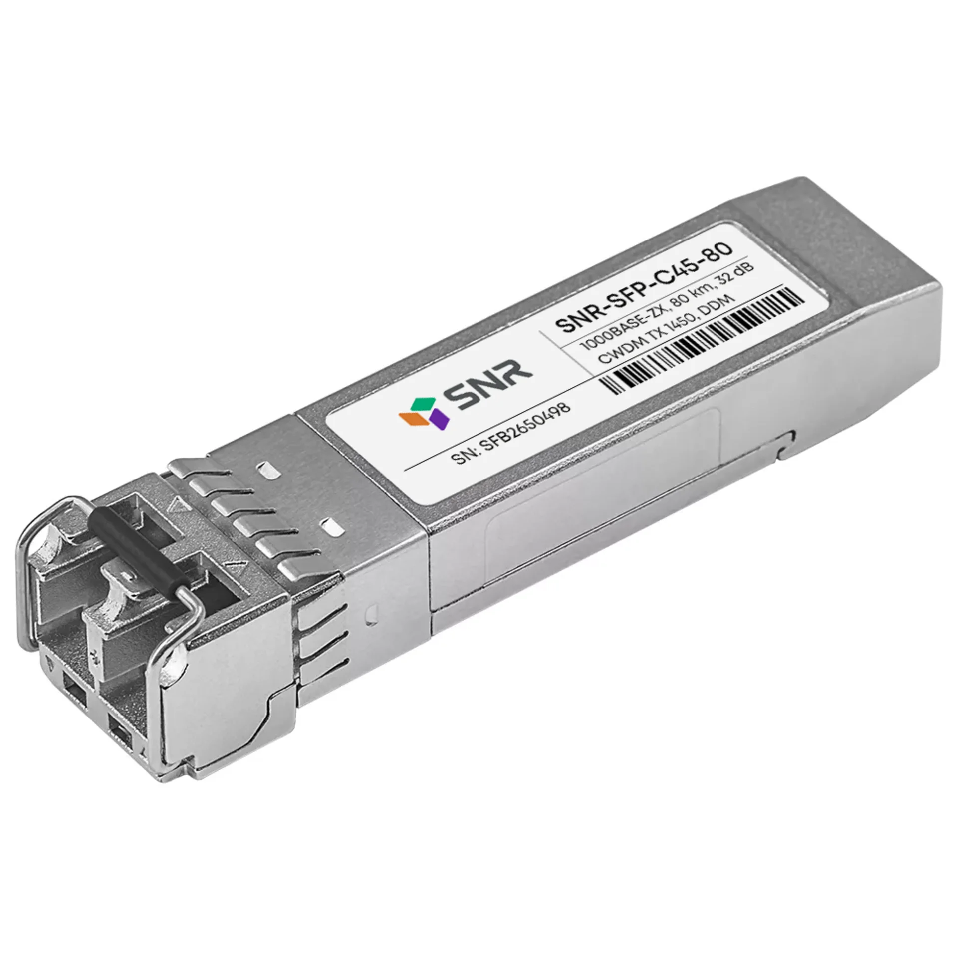 SNR-SFP-C45-80 - Двухволоконный модуль, SFP CWDM 1000Base-ZX, разъем LC, рабочая длина волны 1450нм, дальность до 80км (32dB).