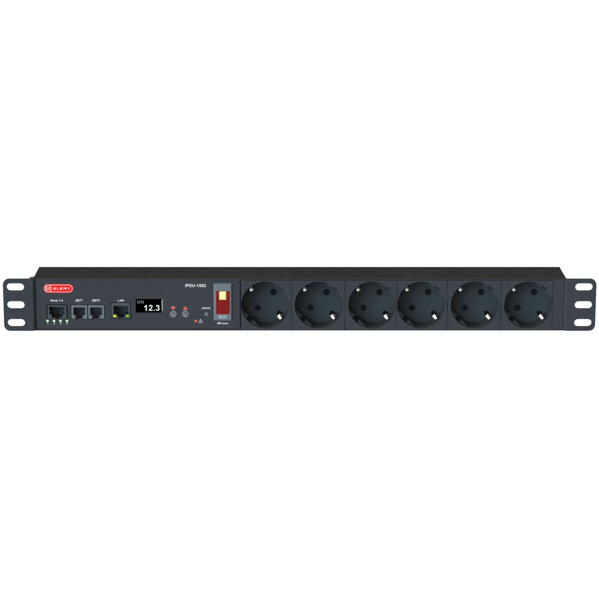 ELEMY iPDU-1502 - Блок розеток интеллектуальный: Ethernet, 1U 19", 230V, 15A, in: Schuko, out: (6) Schuko купить в Казани 	Интеллектуальный блок распределения питания в горизонтальном 1U исполнении. Модель позволяет произв