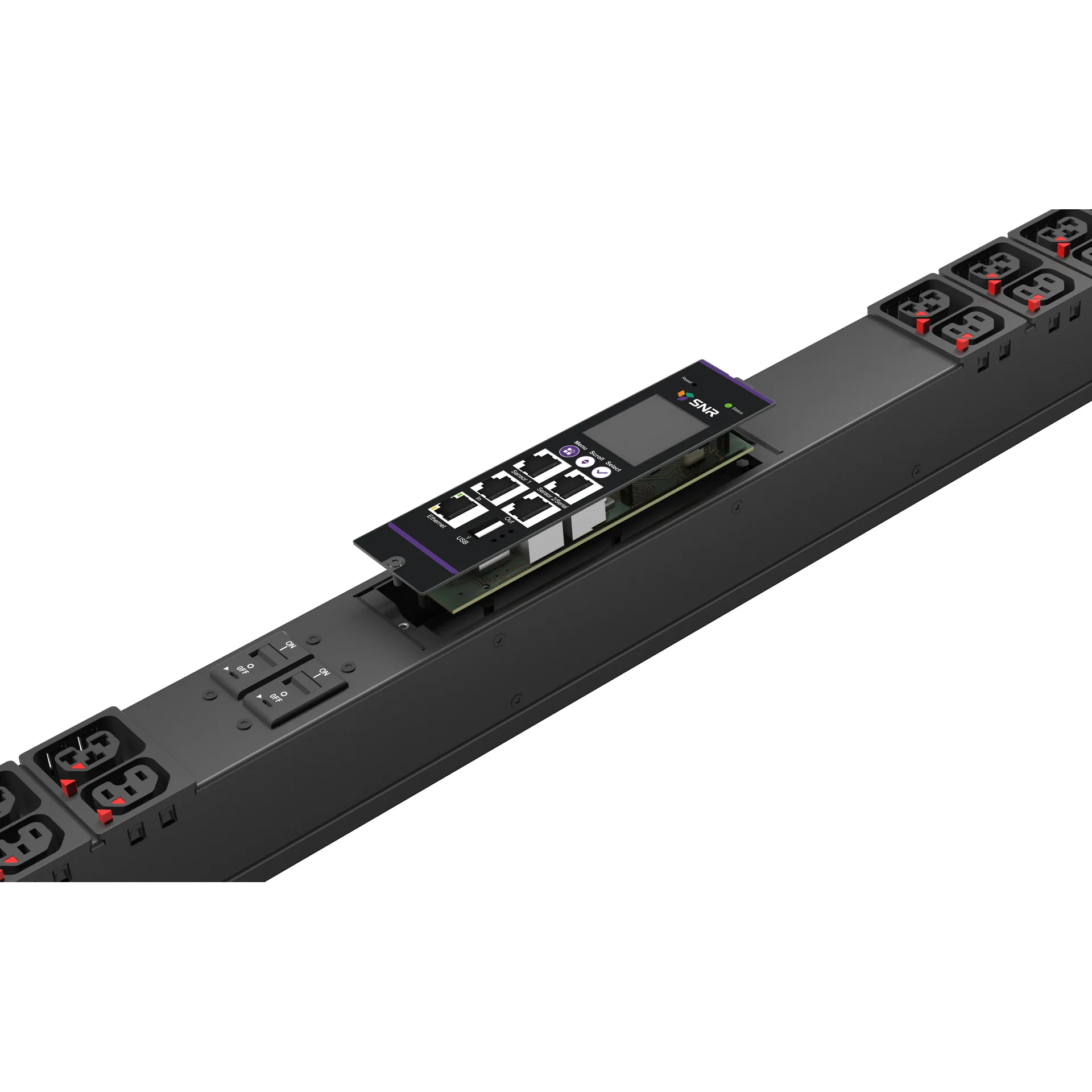 SNR-PDU-A-24AL24ABL-32L3 - Блок розеток с функцией измерения серии SNR тип A выход 24*C13/19L и 24*C13L с фиксаторами вход 32A IEC60309 (3P+N+E) купить в Казани 	Блок распределения питания серии SNR тип А, трехфазный, входное напряжение: 400В (AC), кабель питан