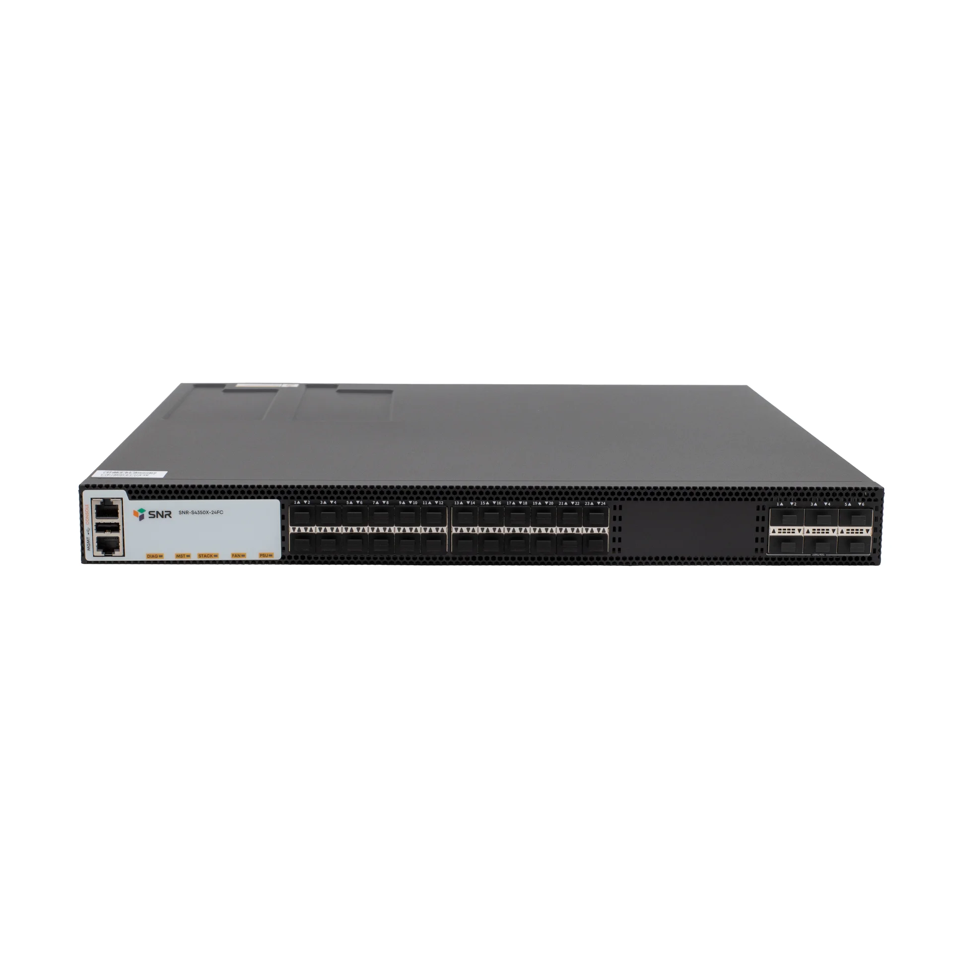 SNR-S4350X-24FC - Управляемый коммутатор уровня 3, 24 порта 1/10G SFP+, 6 портов 40/100G QSFP28, VSF HA, MPLS, MLAG, VxLAN, EVPN-VxLAN, 2 слота для Hot Swap БП купить в Казани 	Коммутатор SNR-S4350X-24FC входит в линейку управляемых L3-коммутаторов SNR, предназначен для испол