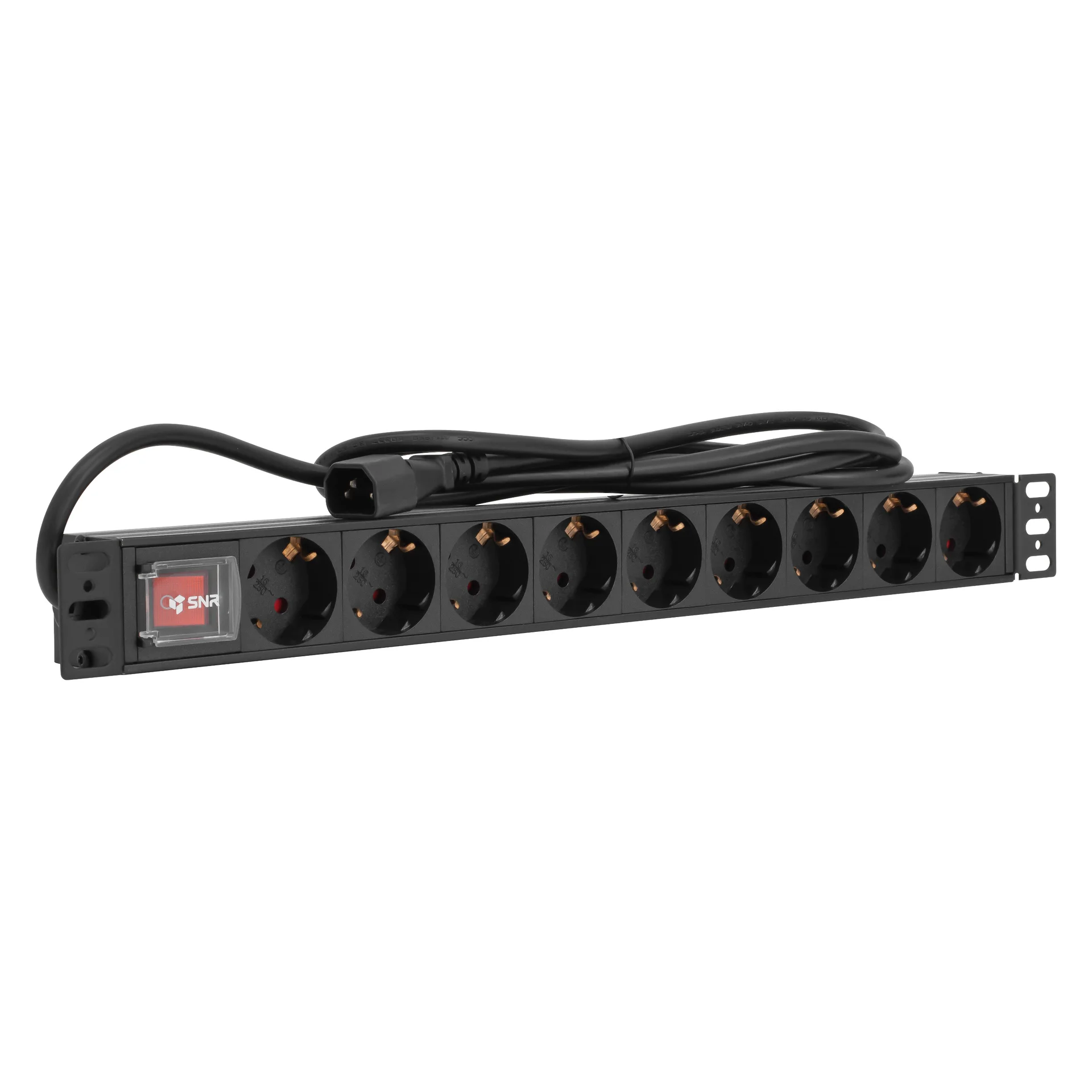 SNR-PDU-9S-C14-2-MS10L1 - Блок розеток серии SNR-PDU базовый на 9хSchuko, шнур питания 2 м 3x1.5 мм² с вилкой C14, 10A купить в Казани 	Блок розеток предназначен для распределения электропитания и защиты компьютеров, электронной техник