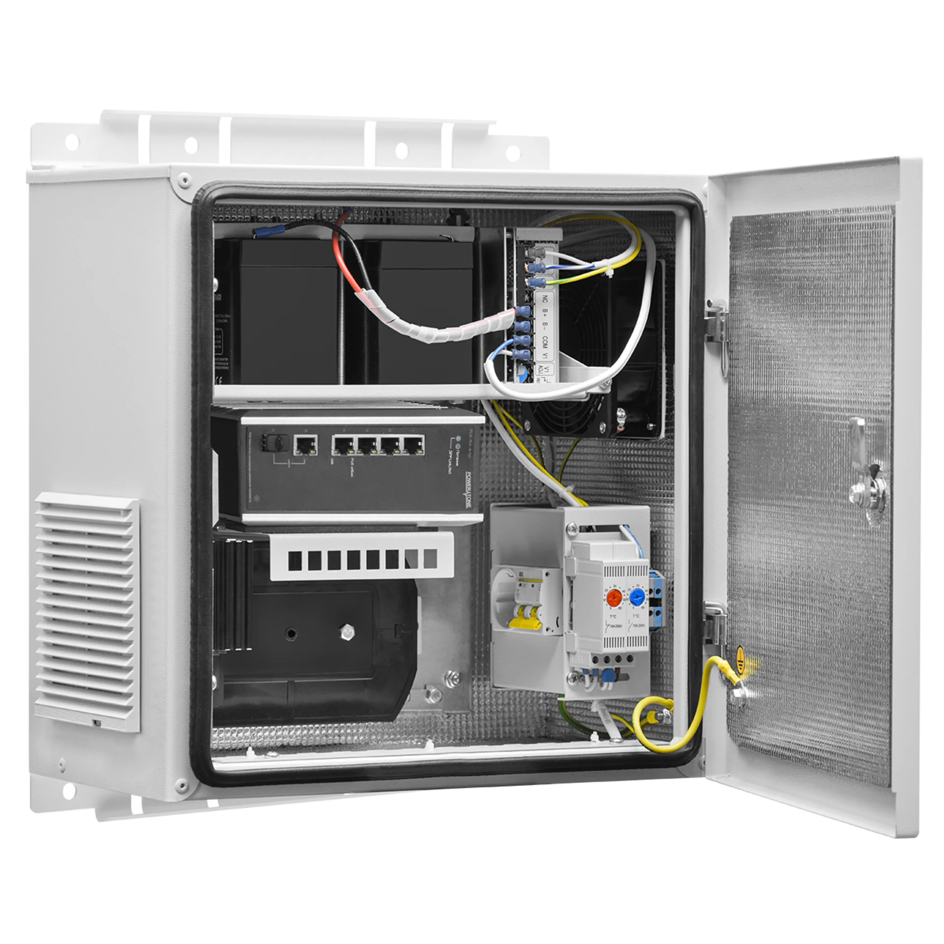 SNR-OWC-606025-IP54-UPS/48 - Термошкаф, 600x600x250 мм, IP54, RAL7035, ИБП, контроль климата, нагрев, вентиляция купить в Казани 	Настенный термошкаф 600x600x250 мм, IP54, с предустановленным источником бесперебойного питания пре