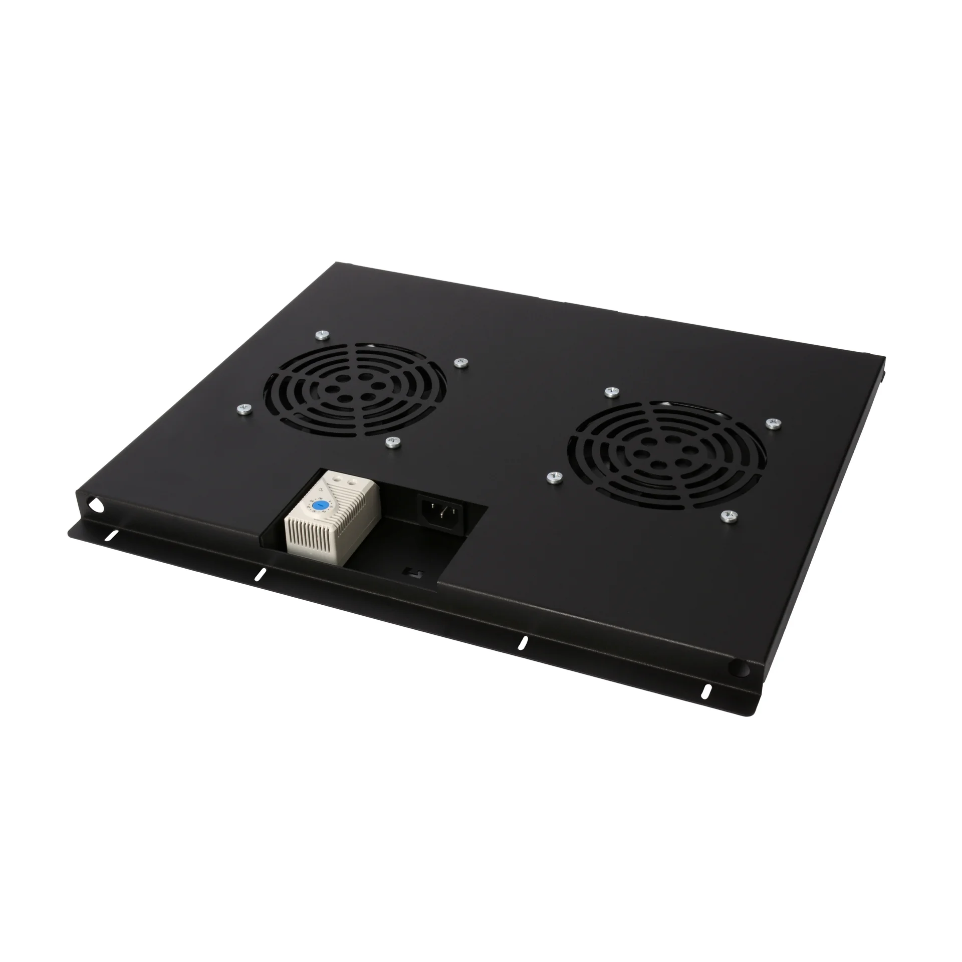 SNR-SHELF-2F-T-600B - Блок вентиляторов для шкафов TFC глубиной 600мм, 2 вентилятора с терморегулятором, черный купить в Казани 	Блок вентиляторов необходим для организации охлаждения внутренней части телекоммуникационного шкафа