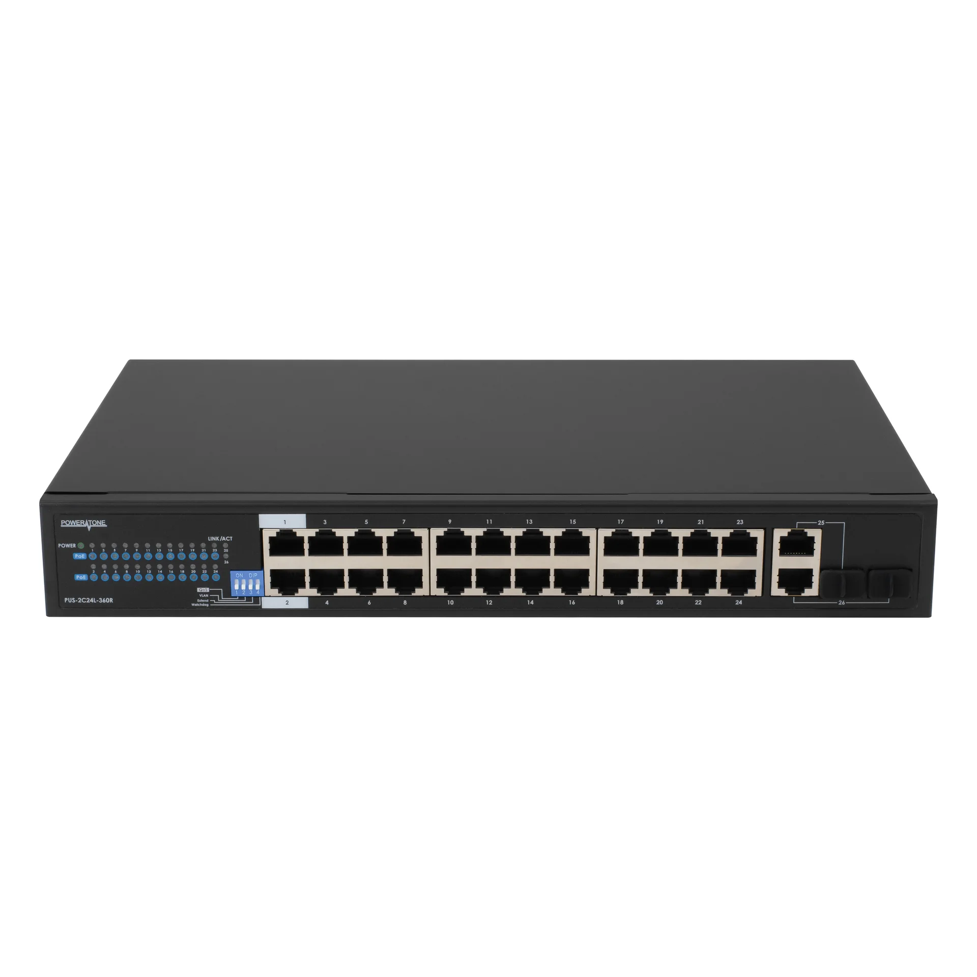 POWERTONE PUS-2C24L-360R - Неуправляемый 24 портовый PoE коммутатор с возможностью установки в стойку купить в Казани 	PoE-коммутатор POWERTONE PUS-2C24L-360R - это неуправляемый коммутатор, предназначенный для построе
