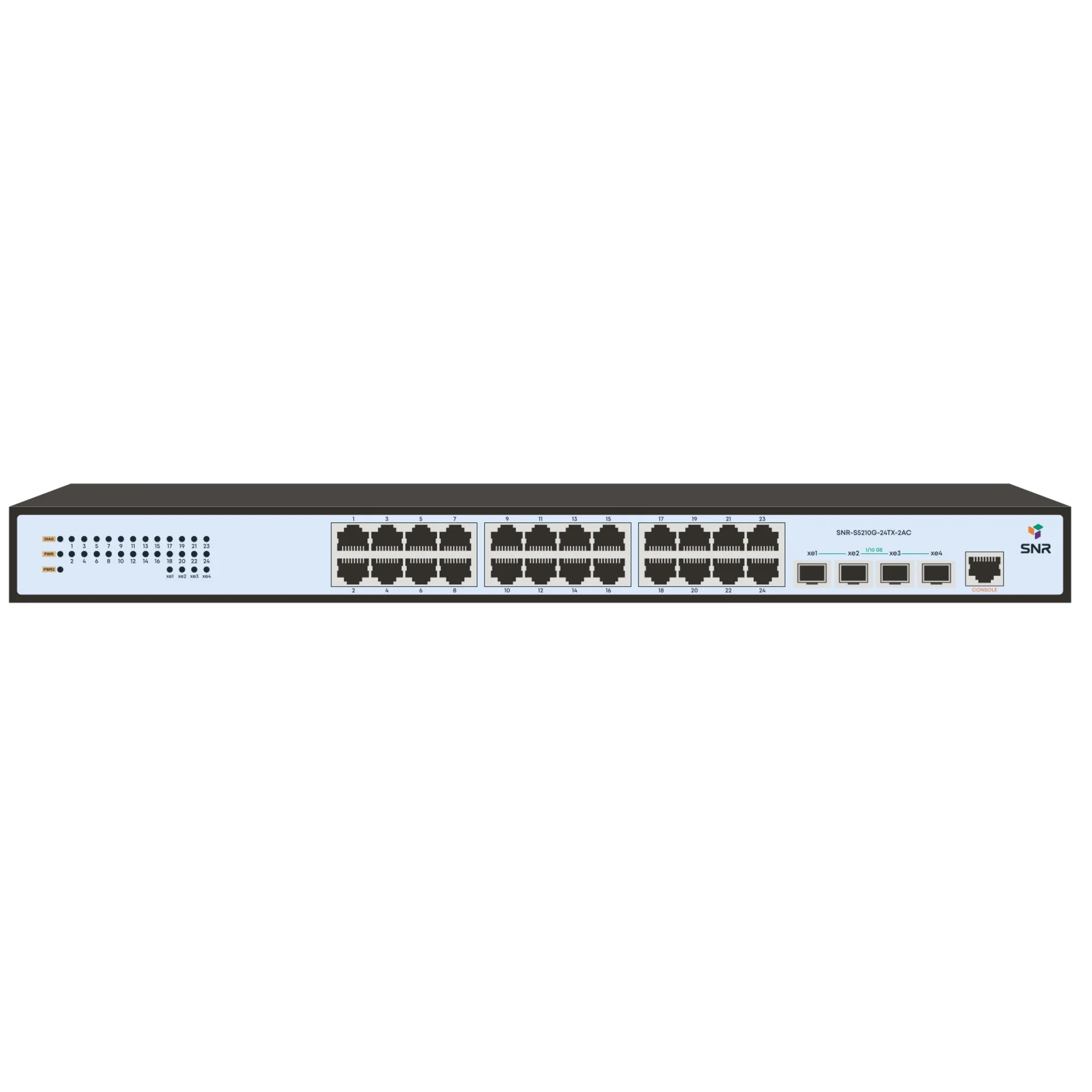 SNR-S5210G-24TX-2AC - Управляемый коммутатор уровня 2+, 24 порта 10/100/1000Base-T, 4 порта 1/10G SFP+, Два встроенных БП ~220V AC купить в Казани 	Управляемый гигабитный L2+ коммутатор SNR-S5210G-24TX-2AC – это бюджетное решение для построения се
