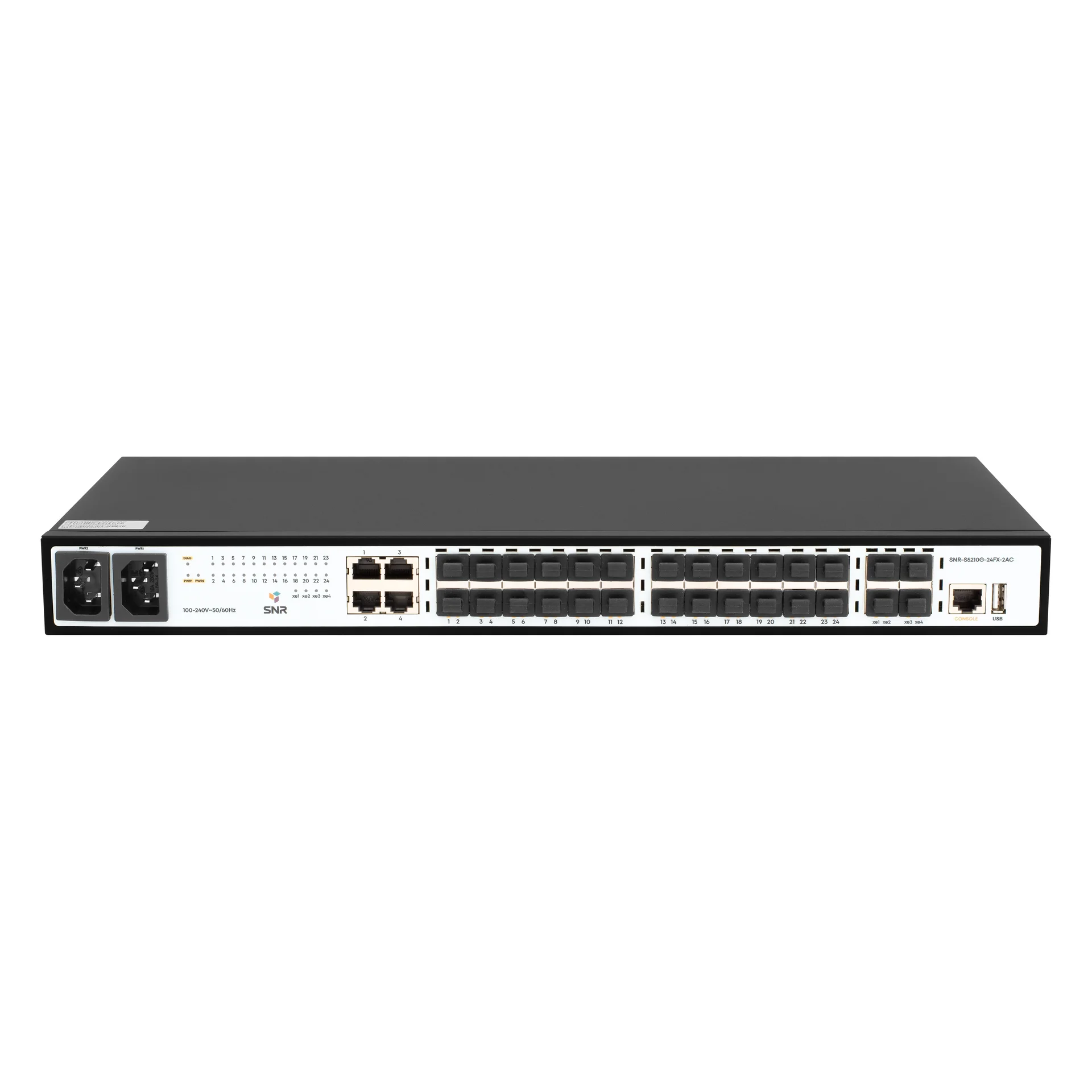 SNR-S5210G-24FX-2AC - Управляемый коммутатор уровня 2+, 20 портов 100/1000Base-X SFP, 4 порта Combo 10/100/1000Base-T|100/1000Base-X SFP, 4 порта 1/10G SFP+, два встроенных БП ~220V AC