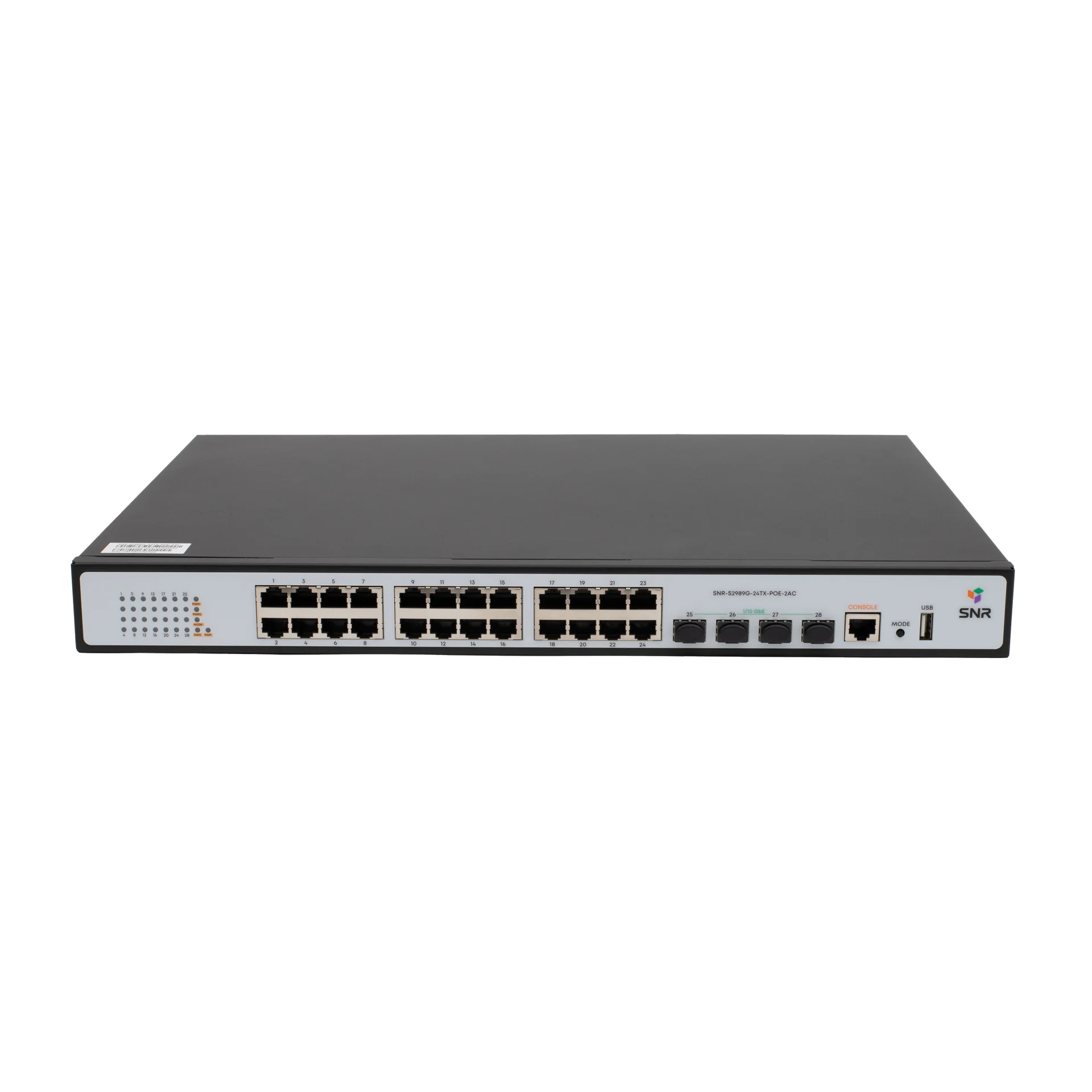 SNR-S2989G-24TX-POE-2AC - Управляемый PoE коммутатор уровня 2+, 24 порта 10/100/1000Base-T, 4 порта 1/10G SFP+, бюджет PoE 370 Вт, VFS HA, два встроенных БП ~220V AC