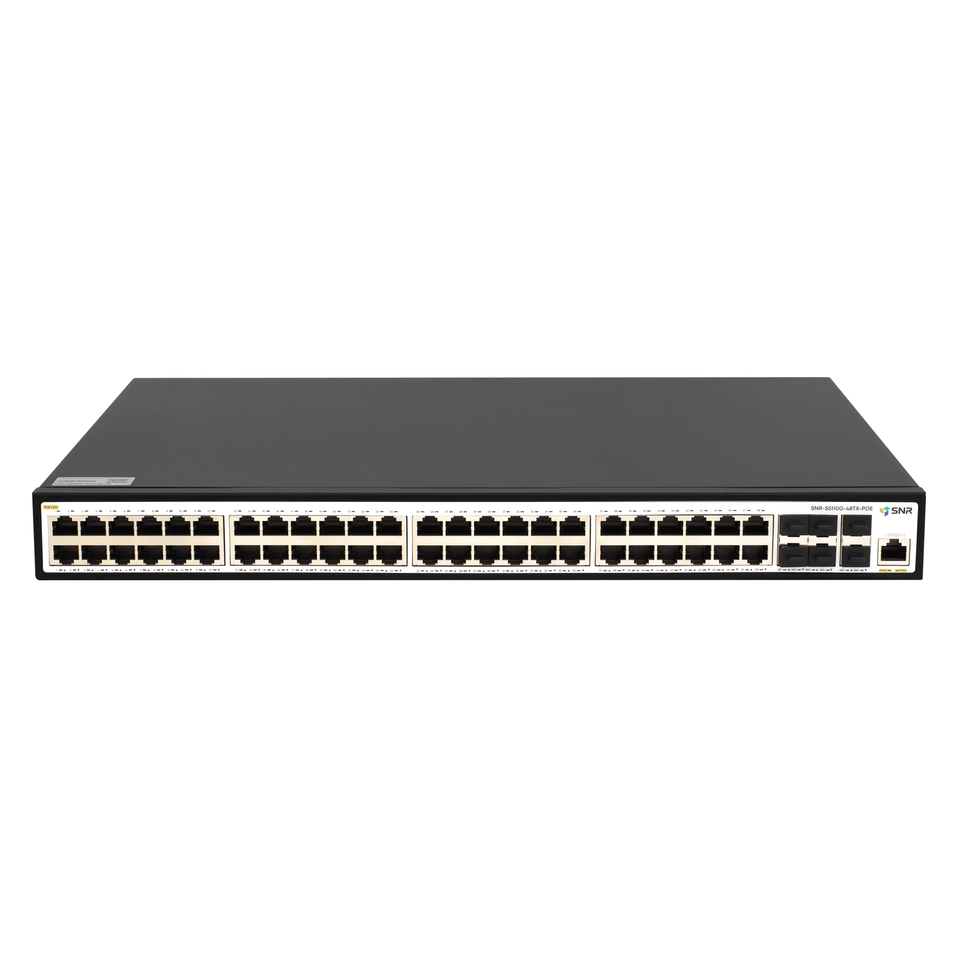 SNR-S5110G-48TX-POE - Управляемый PoE коммутатор уровня 2+, 48 портов 10/100/1000Base-T, 6 портов 1/10G SFP+, бюджет PoE 370 Вт, встроенный БП ~220V AC