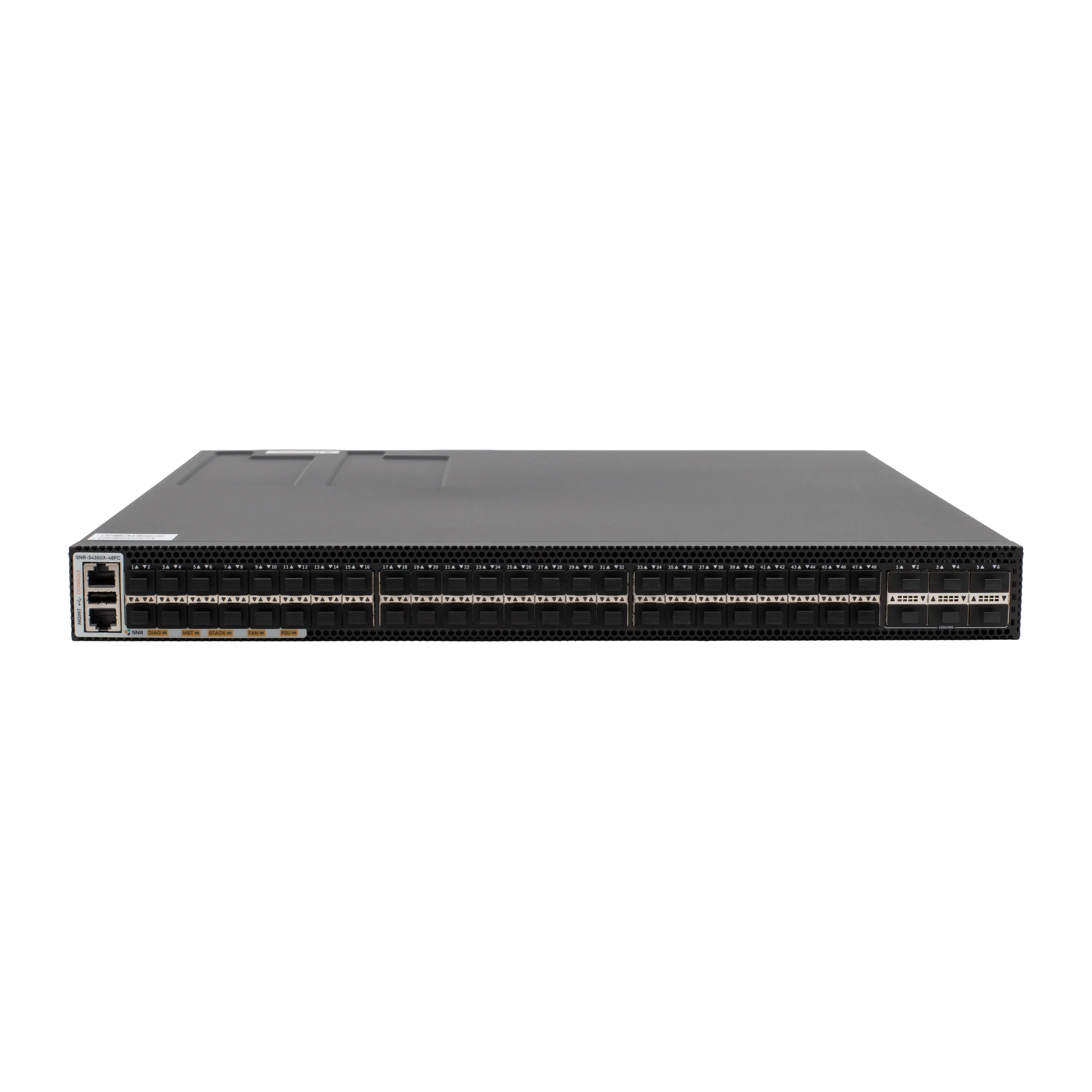 SNR-S4350X-48FC - Управляемый коммутатор уровня 3, 48 портов 1/10G SFP+, 6 портов 40/100G QSFP28, VSF HA, MPLS, MLAG, VxLAN, EVPN-VxLAN, 2 слота для Hot Swap БП купить в Казани 	Коммутатор оснащен двумя слотами для установки Hot Swap блоков питания по схеме резервирования 1+1.