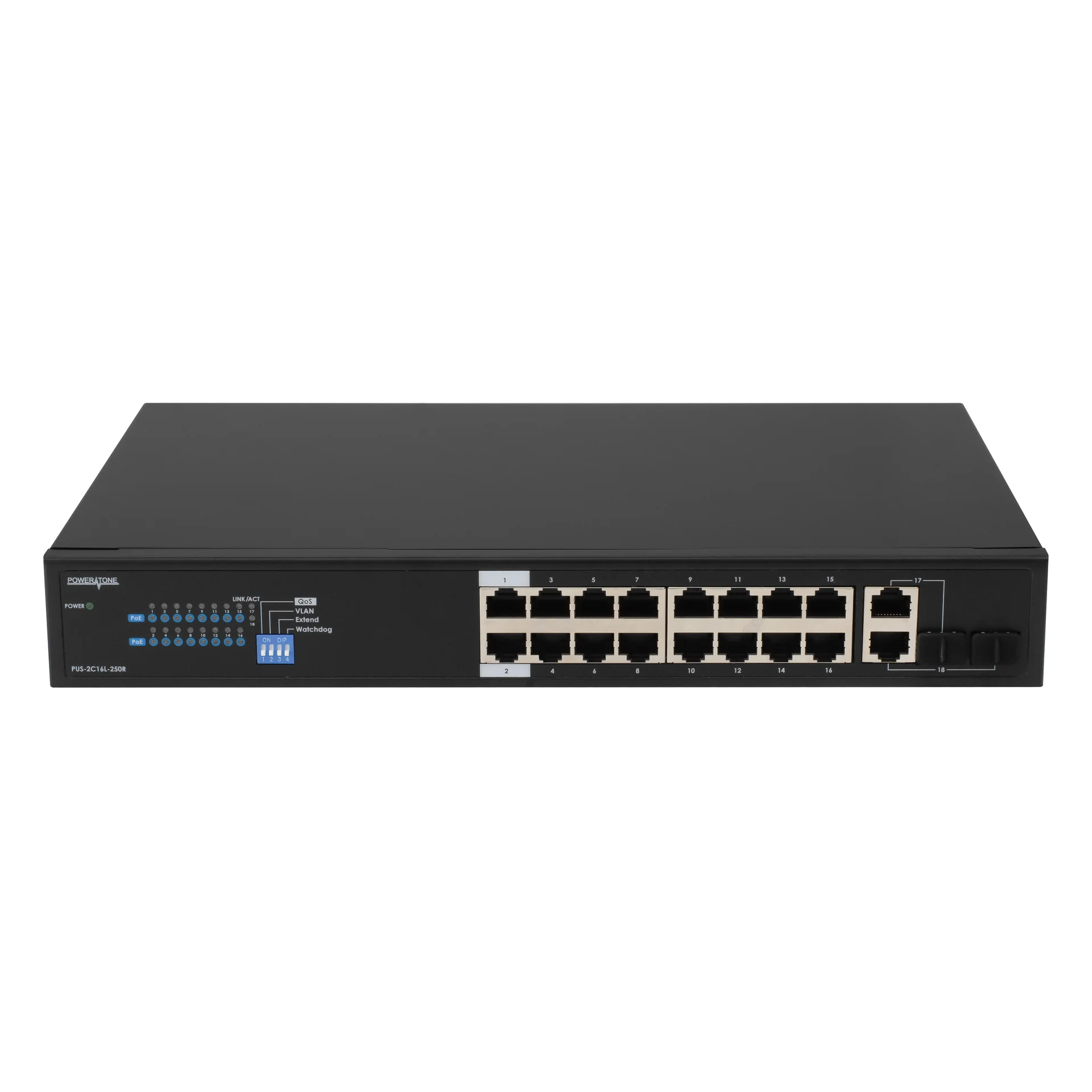 POWERTONE PUS-2C16L-250R - Неуправляемый 16 портовый PoE коммутатор с возможностью установки в стойку купить в Казани 	PoE-коммутатор POWERTONE PUS-2C16L-250R - это неуправляемый коммутатор, предназначенный для построе