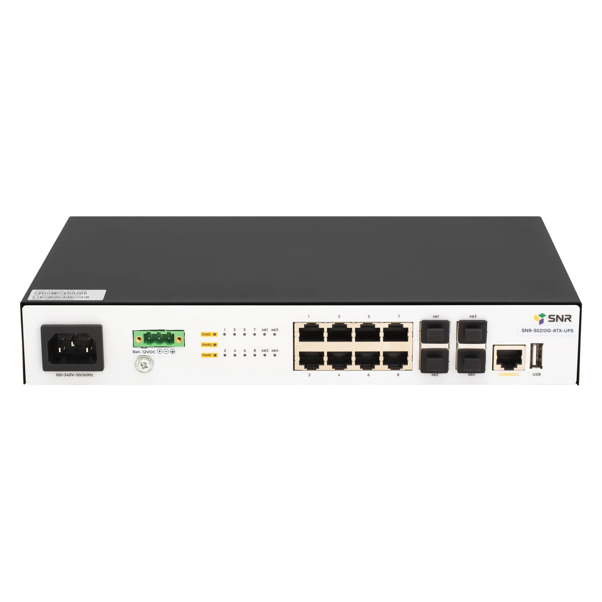 SNR-S5210G-8TX-UPS - Управляемый коммутатор уровня 2+, 8 портов 10/100/1000Base-T, 4 порта 1/10G SFP+, встроенный БП ~220V AC, разъем для АКБ 12V с возможностью заряда купить в Казани 	Управляемый гигабитный L2+ коммутатор SNR-S5210G-8TX-UPS – это бюджетное решение для построения сет