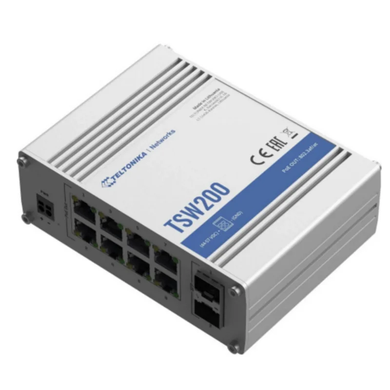 Teltonika TSW200 (TSW200000010) - Неуправляемый промышленный POE коммутатор, 2xSFP, 8x1G RJ45, PoE 802.3af/at, бюджет 240W купить в Казани 	TSW200 неуправляемый POE коммутатор, 2 x SFP, 8 x 1G RJ45, PoE 802.3af/at, бюджет 240W19-10-2025